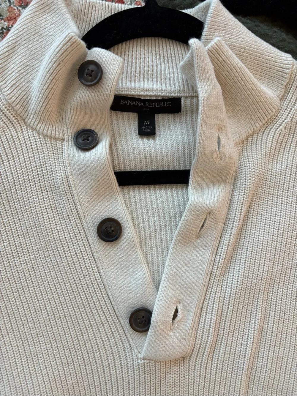 Banana Republic Men's Cream Ribbed Button-Neck Turtleneck Sweater 100% Cotton